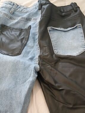AKIRA Two-Tone Slim Straight Jeans in Light Blue and Black